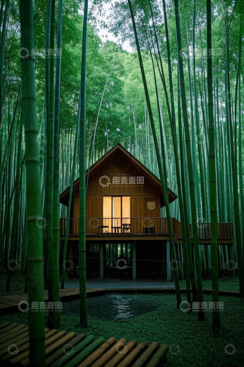 高清大图下载【趣麦麦图】竹林中的木质小屋景观