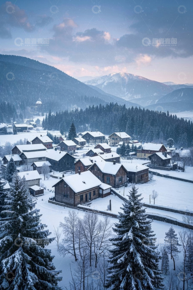 高清大图下载【趣麦麦图】雪中山村与森林景观