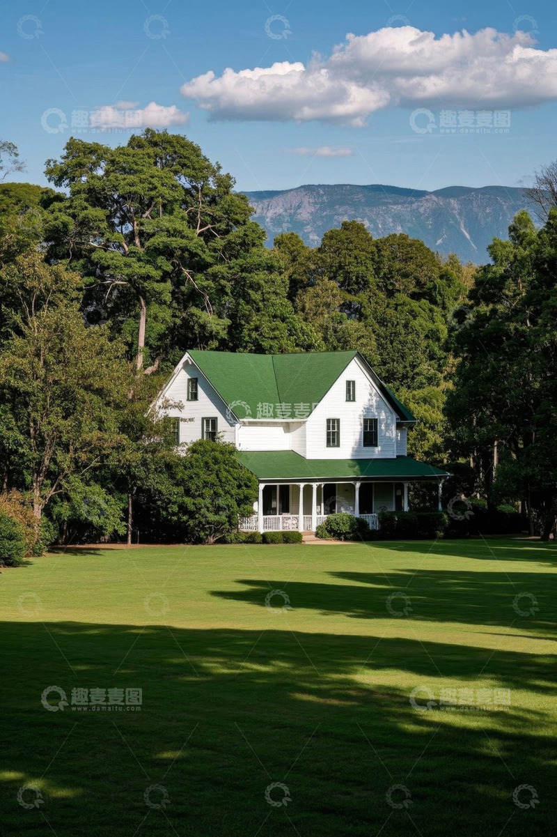 高清大图下载【趣麦麦图】绿树环绕的绿色屋顶白色房屋