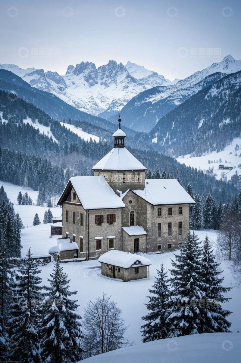 高清大图下载【趣麦麦图】雪山下被雪覆盖的古老建筑