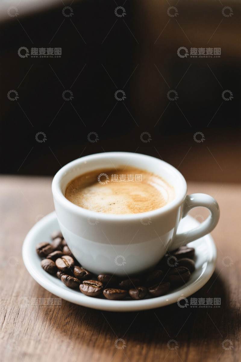 高清大图下载【趣麦麦图】木桌上的咖啡杯与咖啡豆