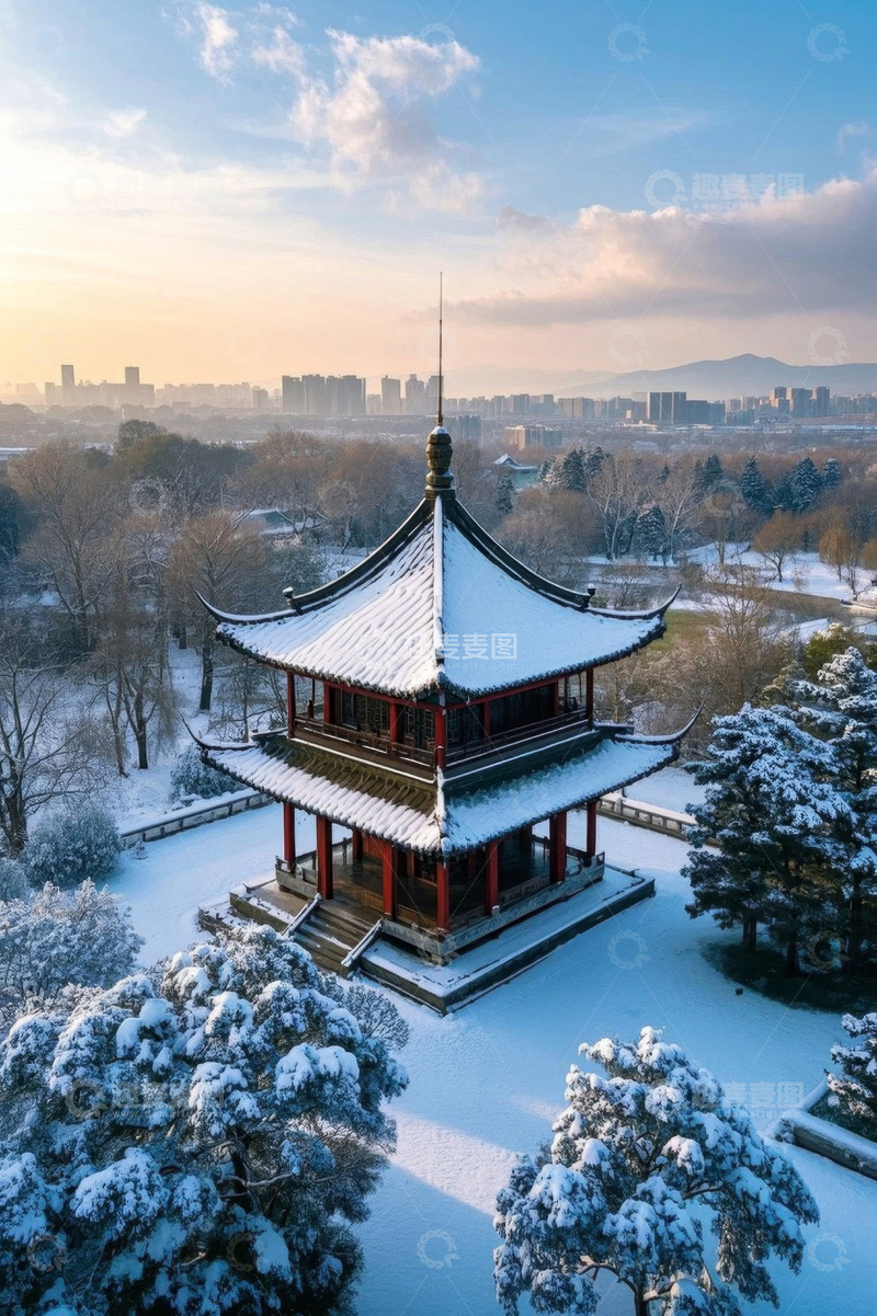 高清大图下载【趣麦麦图】雪后中式古亭风光