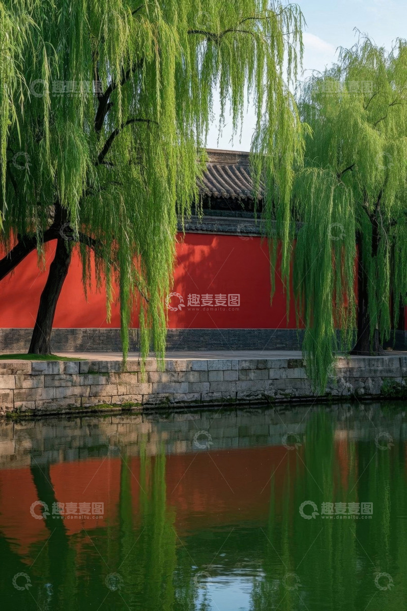 高清大图下载【趣麦麦图】红墙垂柳湖水景观