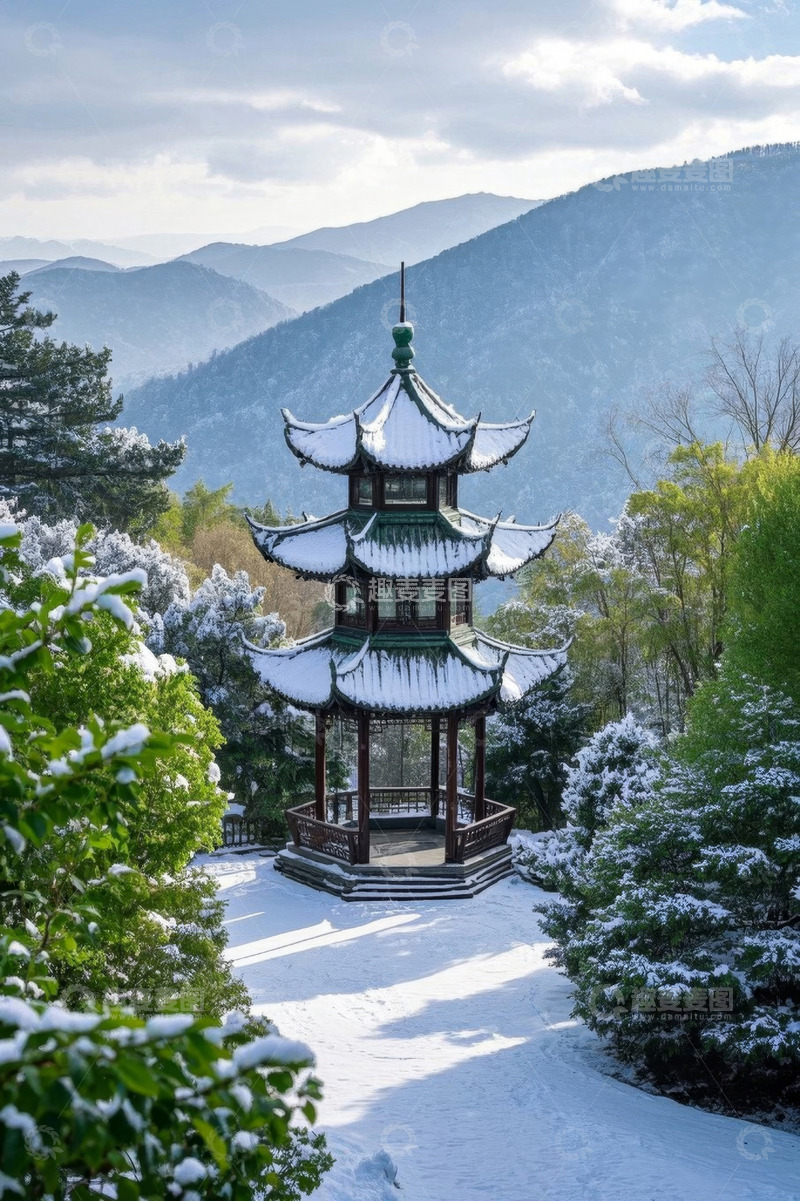 高清大图下载【趣麦麦图】雪后山林中的中式古亭