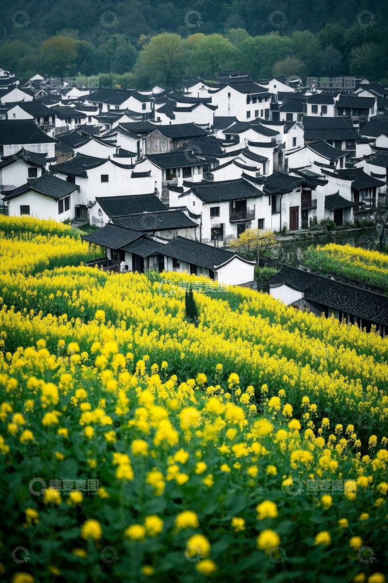 高清大图下载【趣麦麦图】婺源油菜花田中的徽派村落