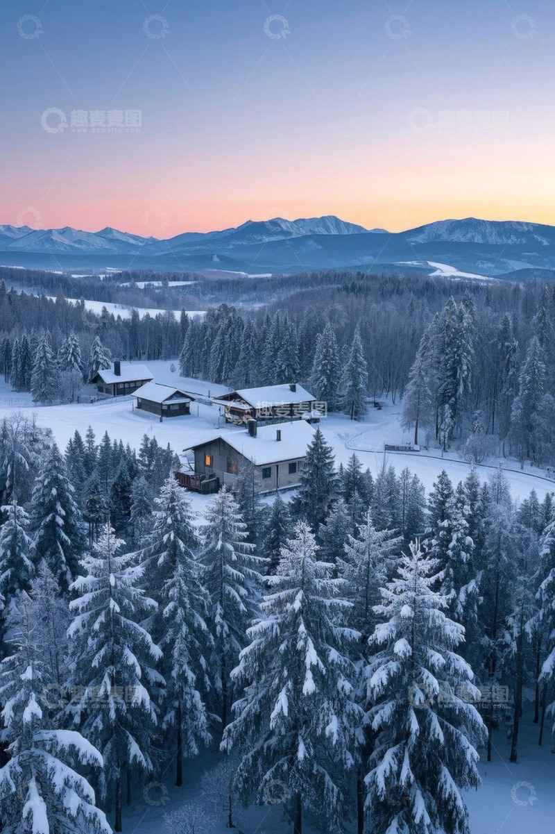 高清大图下载【趣麦麦图】雪林环绕中的山间木屋