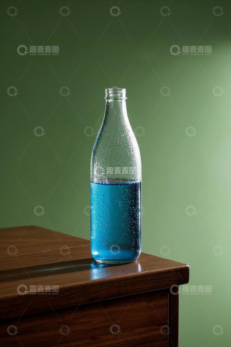 高清大图下载【趣麦麦图】木桌上装蓝色液体的玻璃瓶