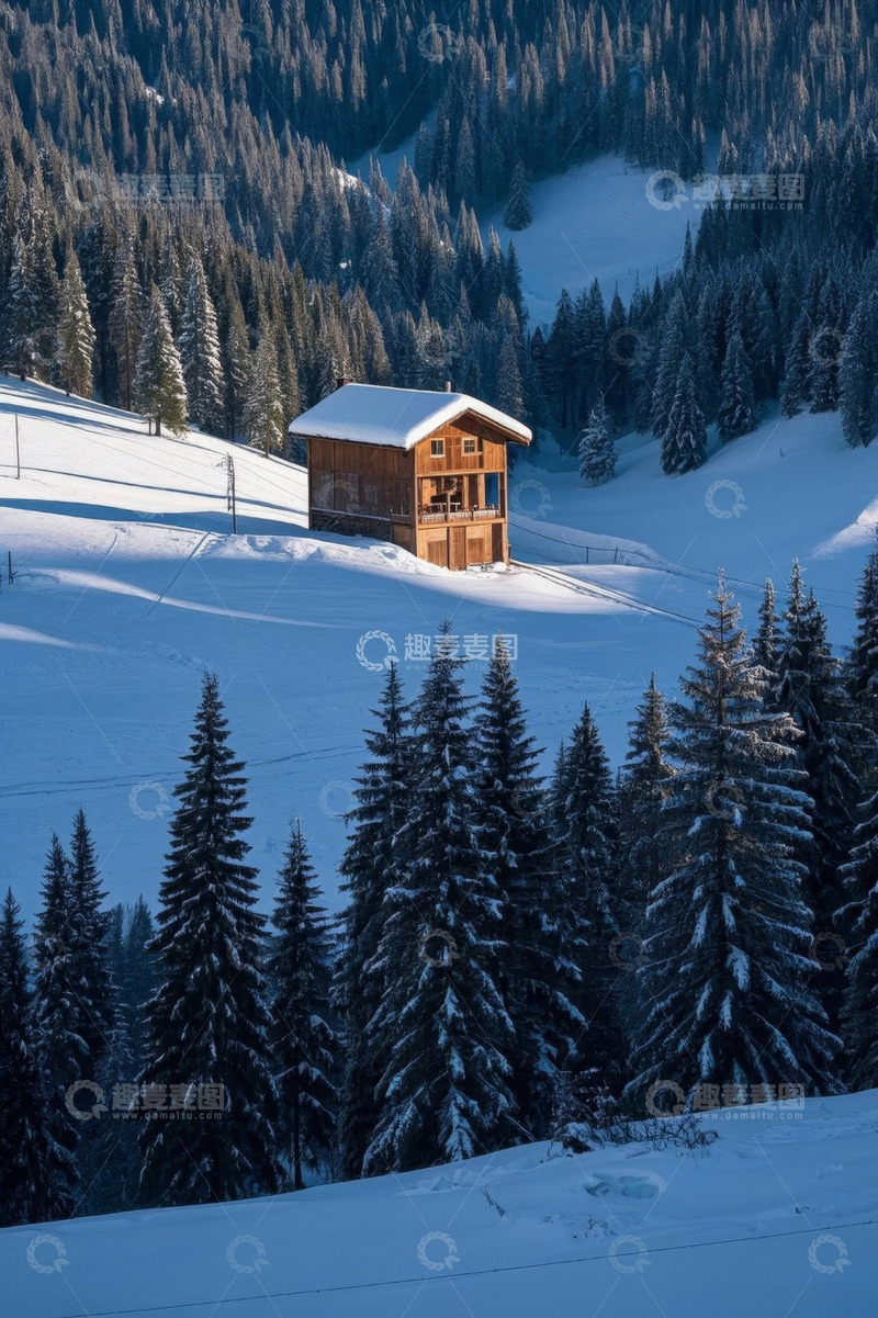 高清大图下载【趣麦麦图】雪山森林中的木屋雪景