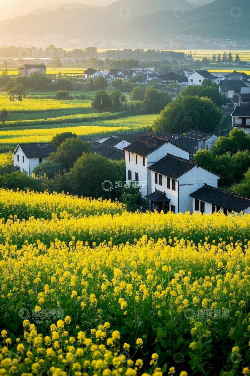 高清大图下载【趣麦麦图】乡村油菜花田与民居风景