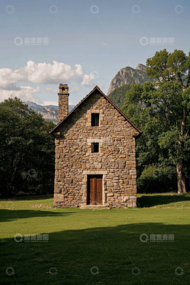 高清大图下载【趣麦麦图】山间石屋与草地风景