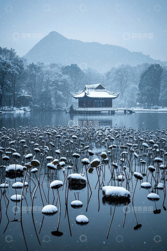 西湖雪景中式建筑与残荷景观