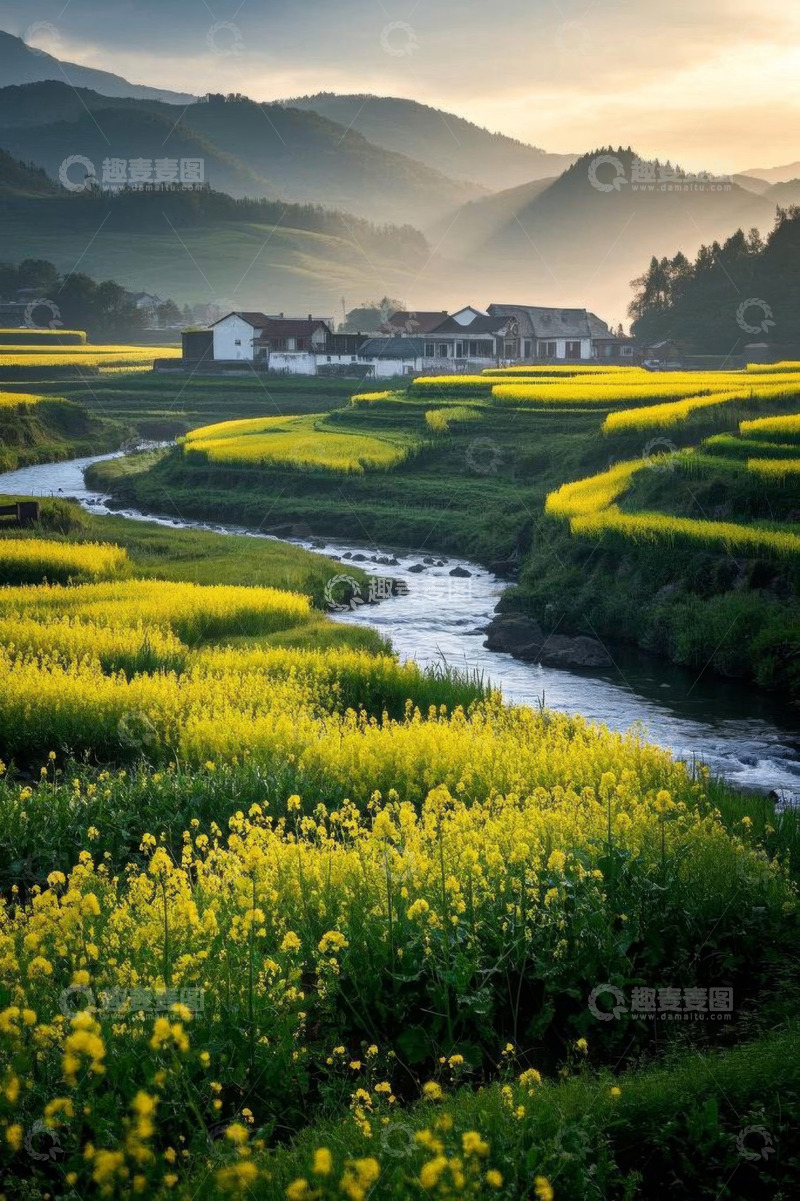 高清大图下载【趣麦麦图】田园油菜花与溪流乡村景色