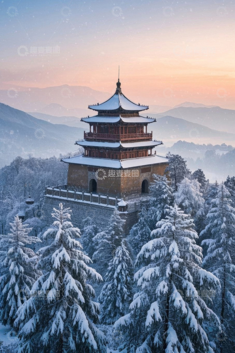 高清大图下载【趣麦麦图】雪后山间古建筑全景