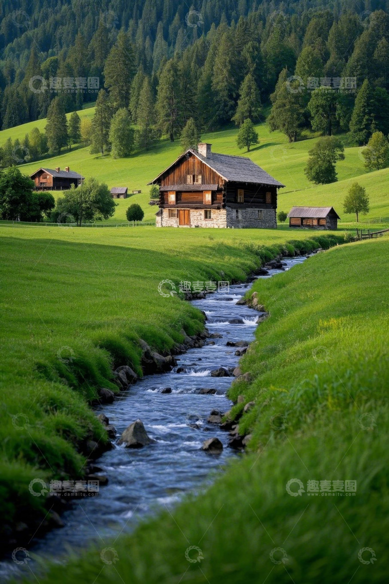 高清大图下载【趣麦麦图】山间草地木屋与溪流风景