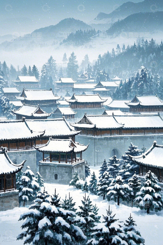 雪后古风建筑群与森林景观