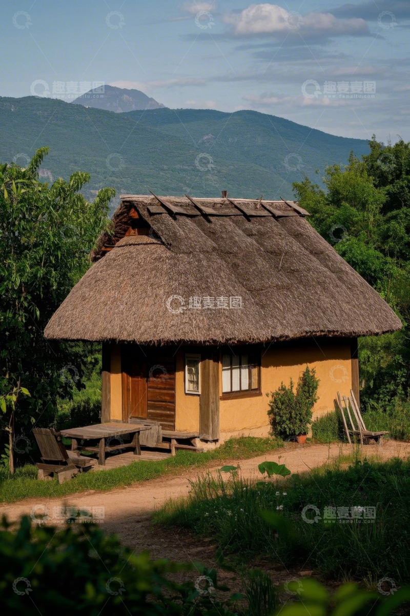 高清大图下载【趣麦麦图】山间茅草小屋与户外桌椅