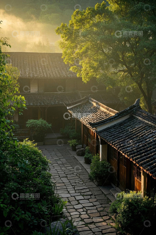 古村落清晨的庭院与建筑