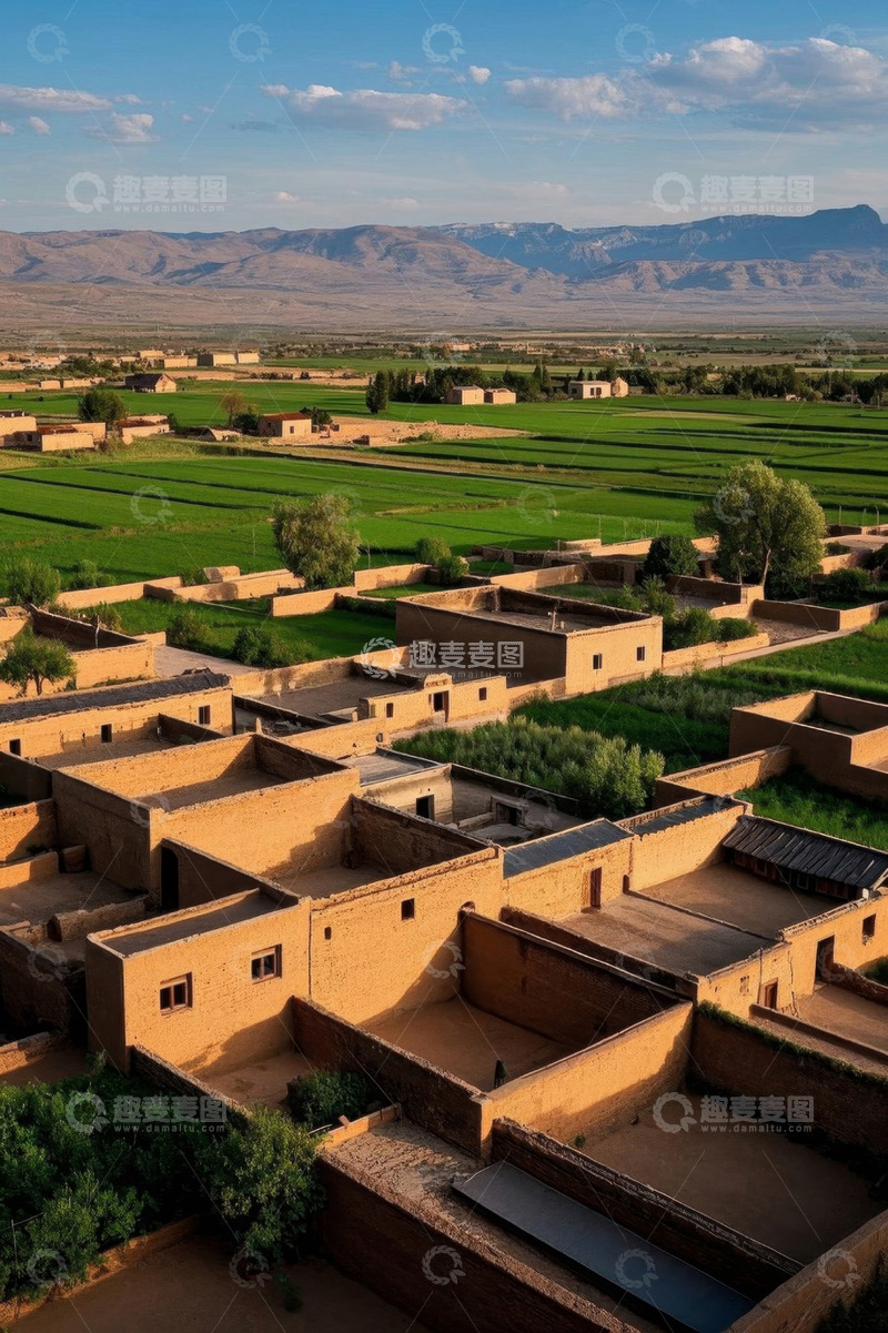 高清大图下载【趣麦麦图】乡村田野间的土坯建筑群