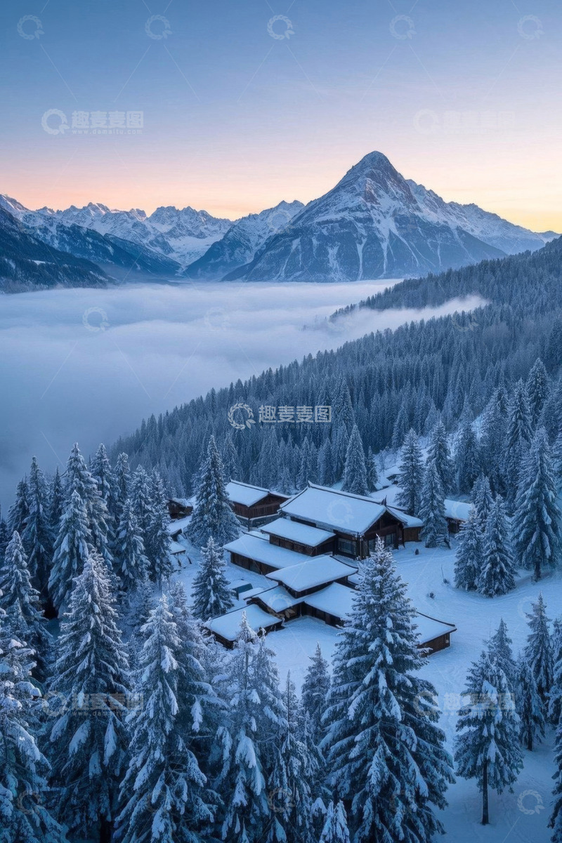 高清大图下载【趣麦麦图】雪山森林中的雪覆木屋景观