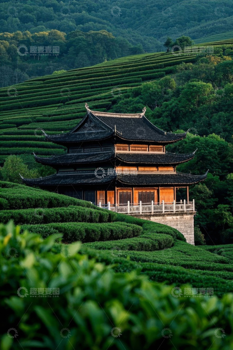 高清大图下载【趣麦麦图】茶园中的中式古建筑