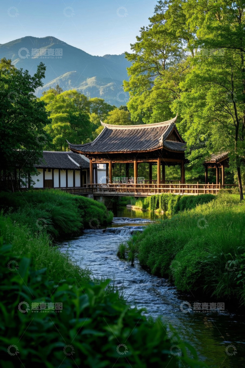 高清大图下载【趣麦麦图】山林间中式凉亭与溪流景观