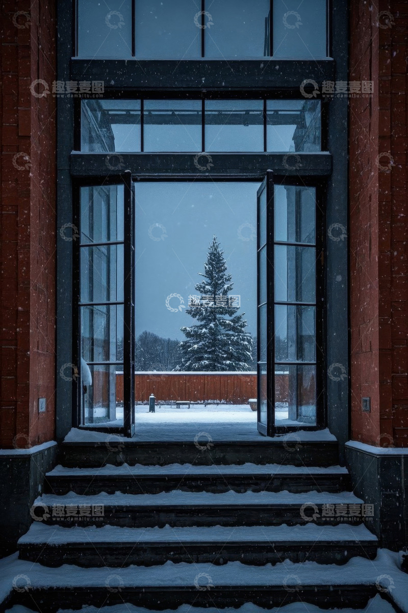 高清大图下载【趣麦麦图】雪天建筑外打开的门与雪松景观