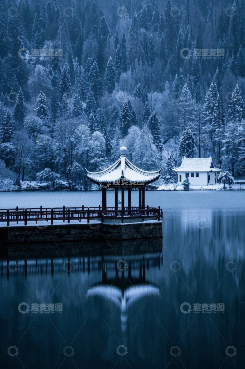 高清大图下载【趣麦麦图】雪后湖畔中式亭台风景
