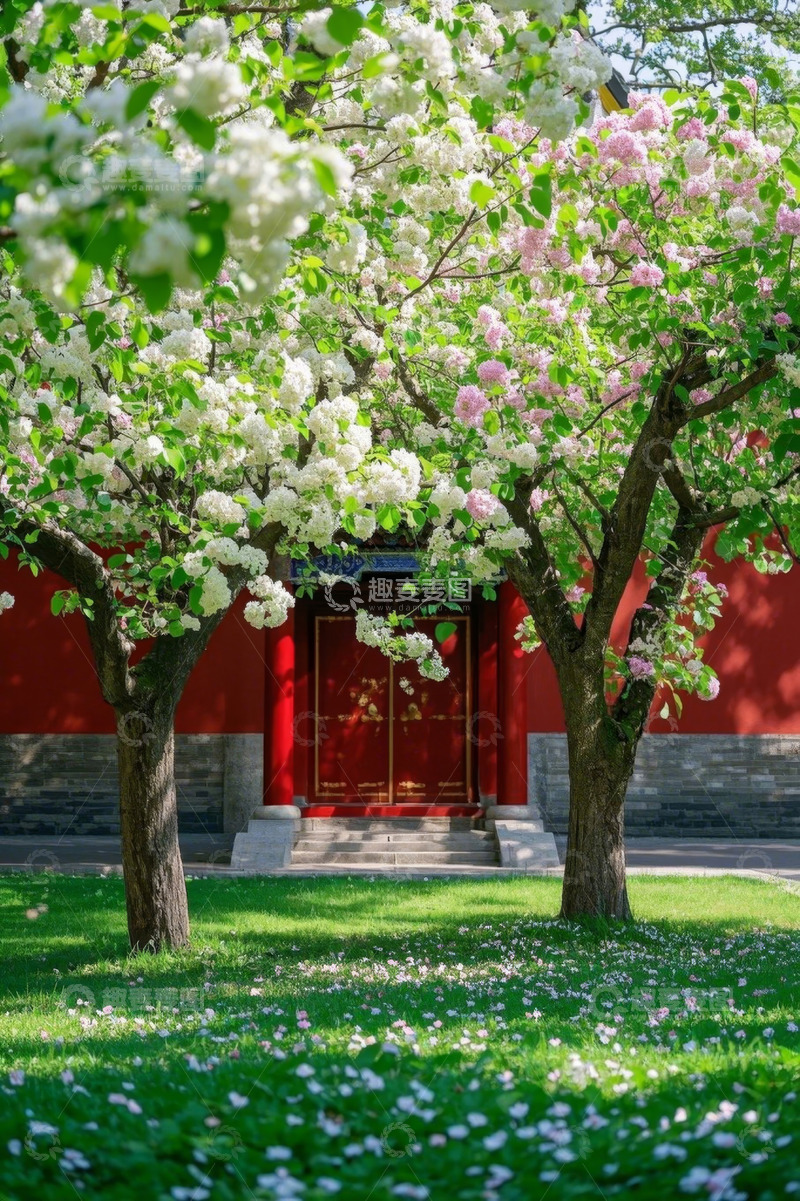 高清大图下载【趣麦麦图】红墙前盛开的繁花绿树