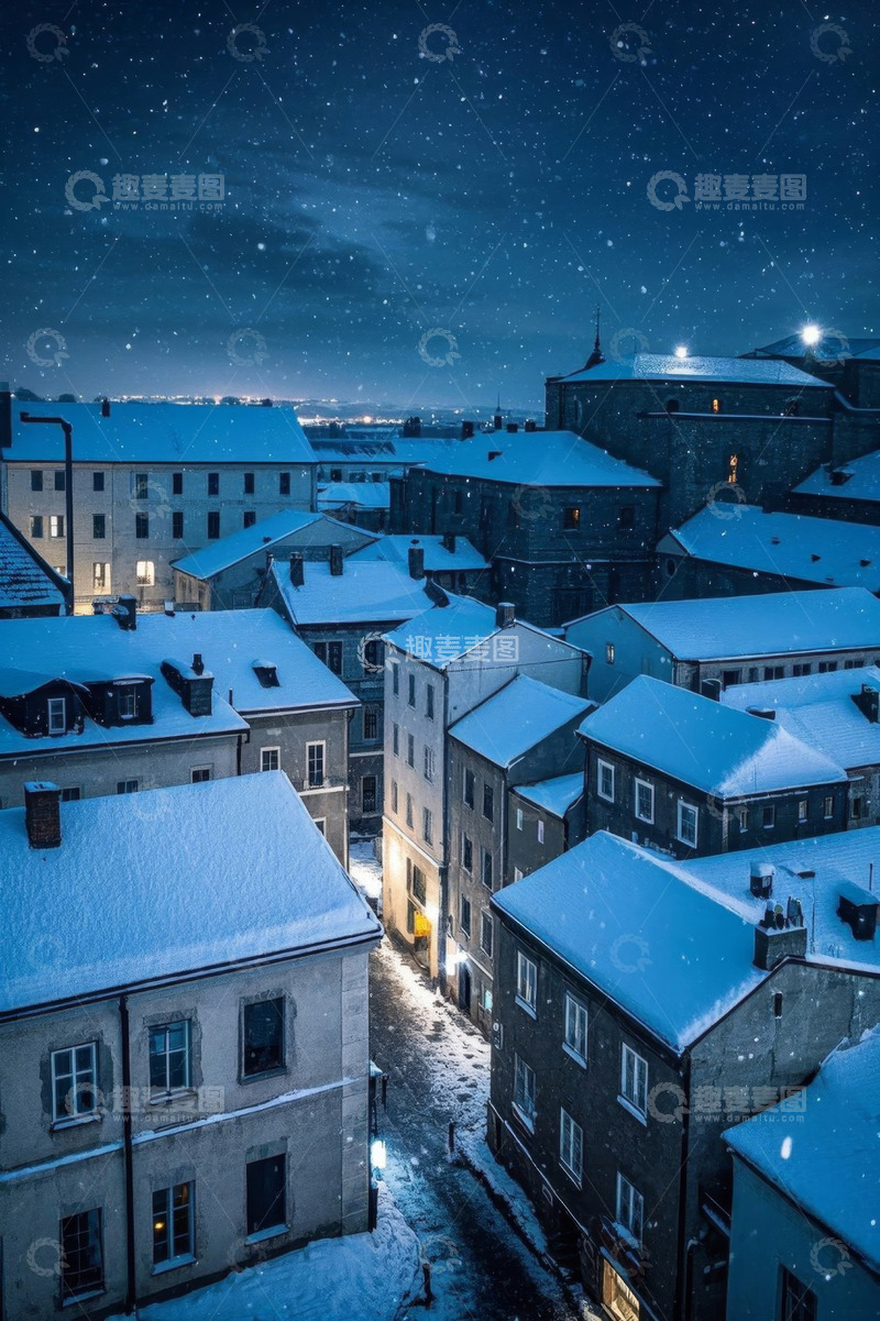 高清大图下载【趣麦麦图】雪夜中的城市建筑景观