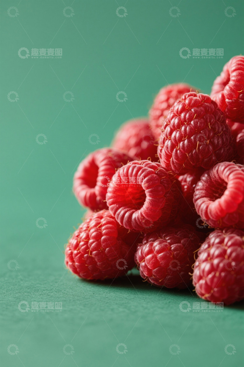 高清大图下载【趣麦麦图】绿色背景上的新鲜覆盆子