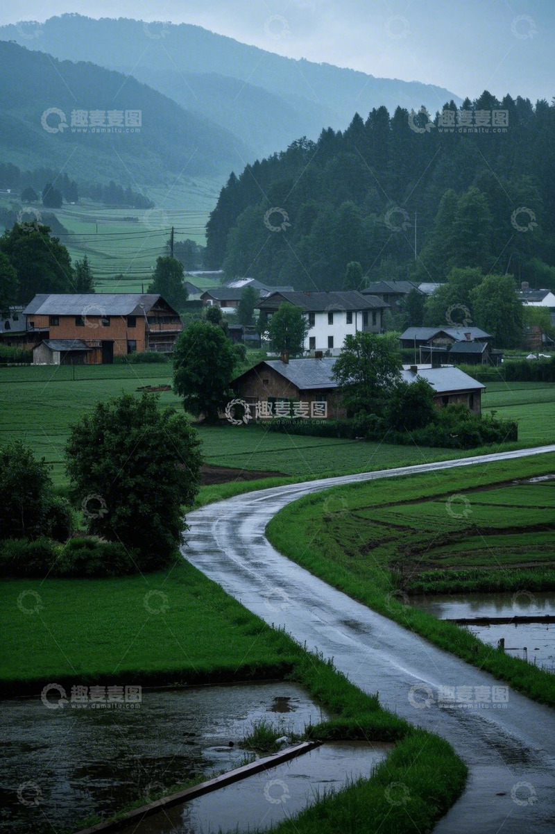 高清大图下载【趣麦麦图】乡村雨后蜿蜒小路与民居景观