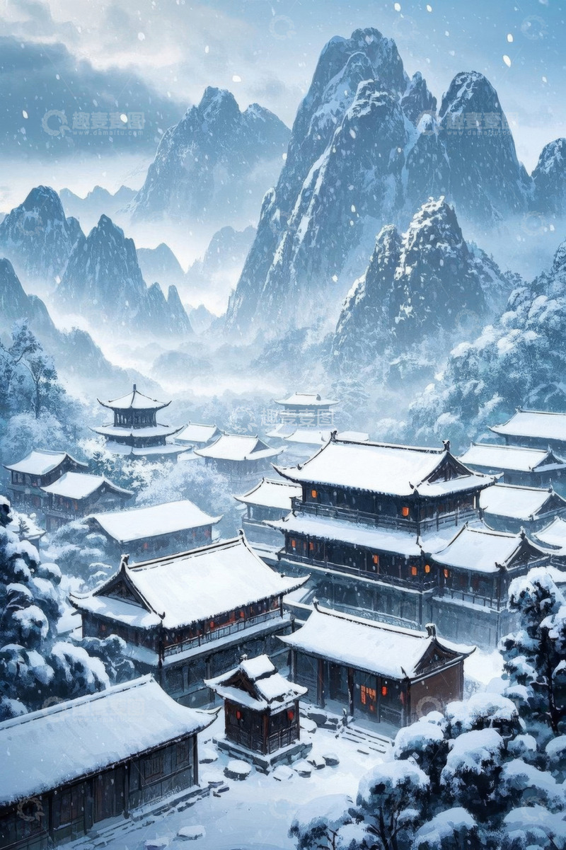 高清大图下载【趣麦麦图】中式古建筑雪景风光