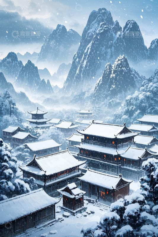 中式古建筑雪景风光