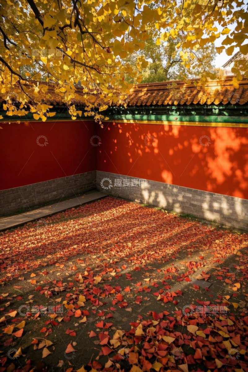 高清大图下载【趣麦麦图】红墙下的秋日落叶景观