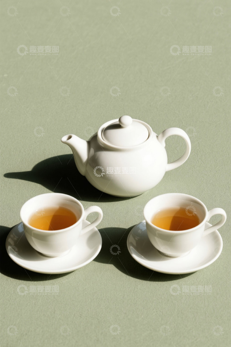 高清大图下载【趣麦麦图】白色茶壶与两杯盛有茶的茶杯