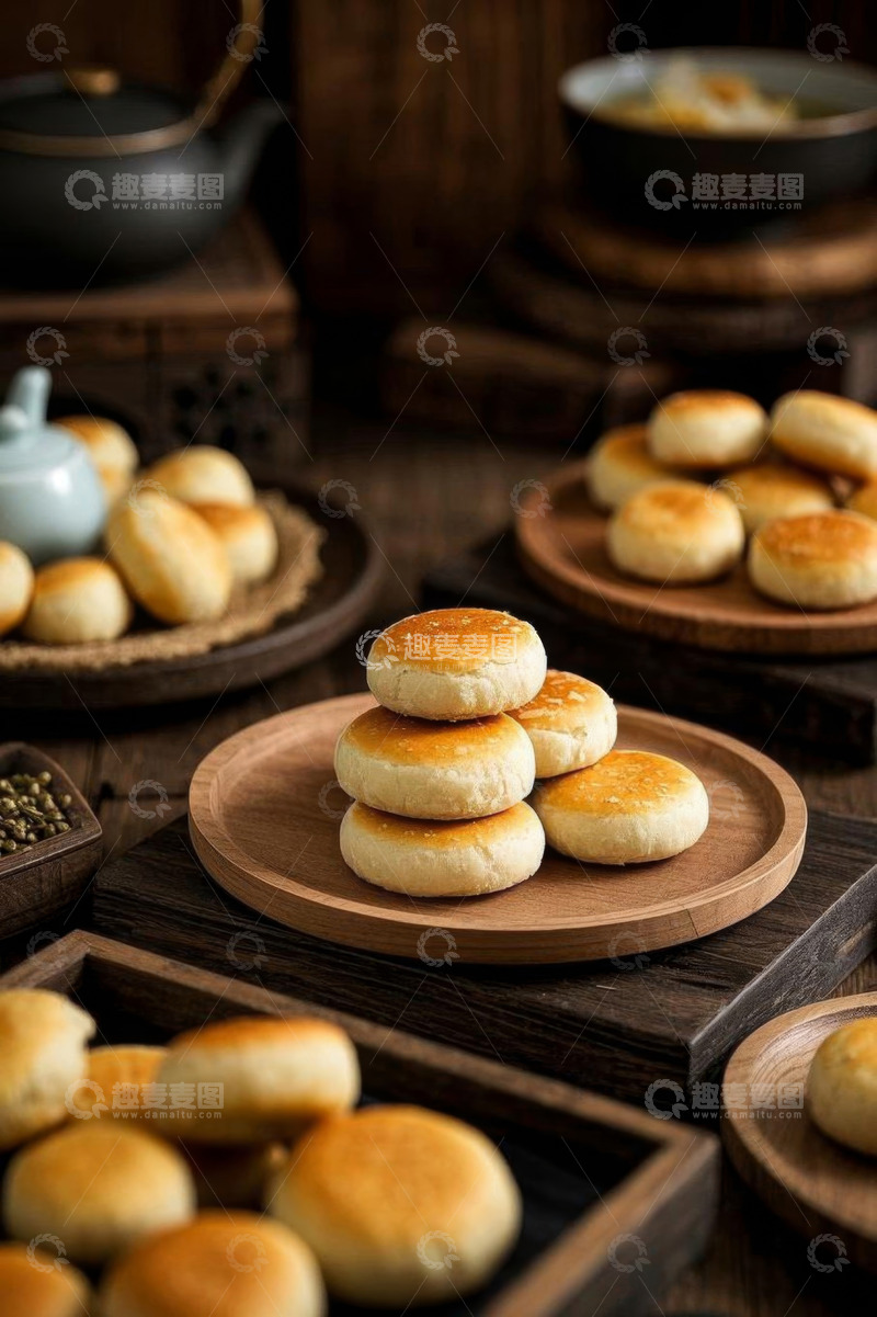 高清大图下载【趣麦麦图】中式糕点摆放在木质托盘上