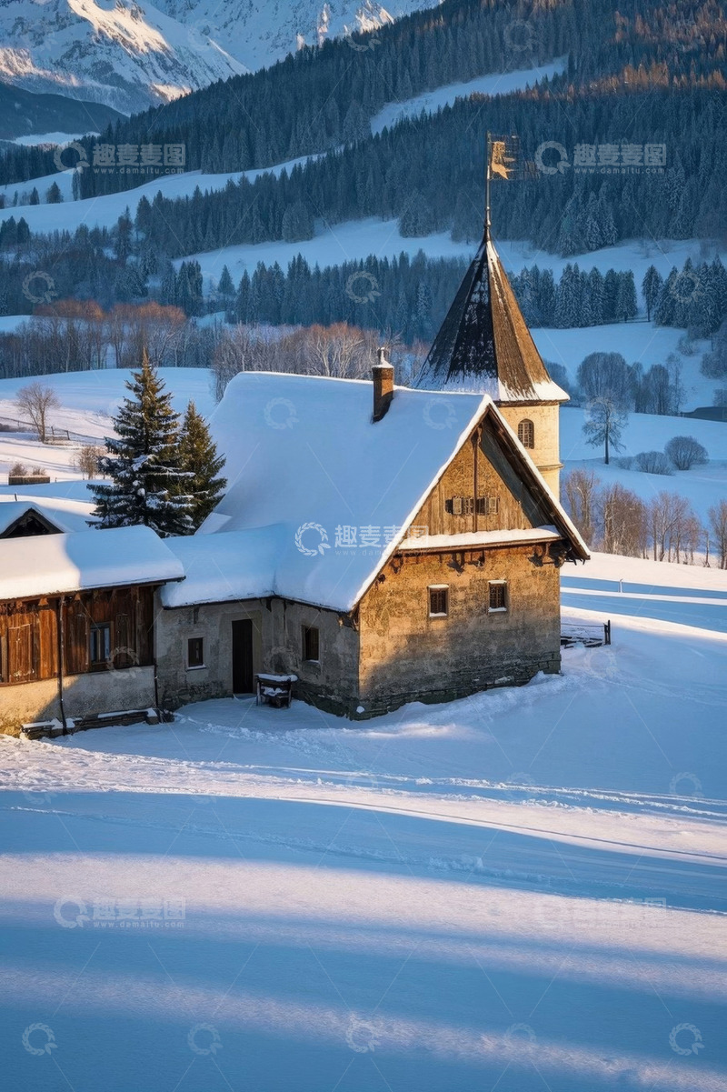 高清大图下载【趣麦麦图】雪中山间小屋风景