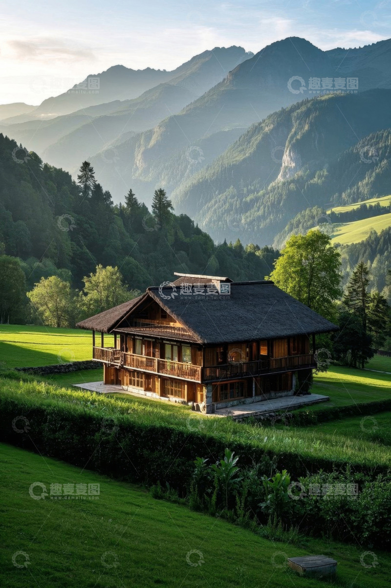 高清大图下载【趣麦麦图】山间木屋与自然风光全景