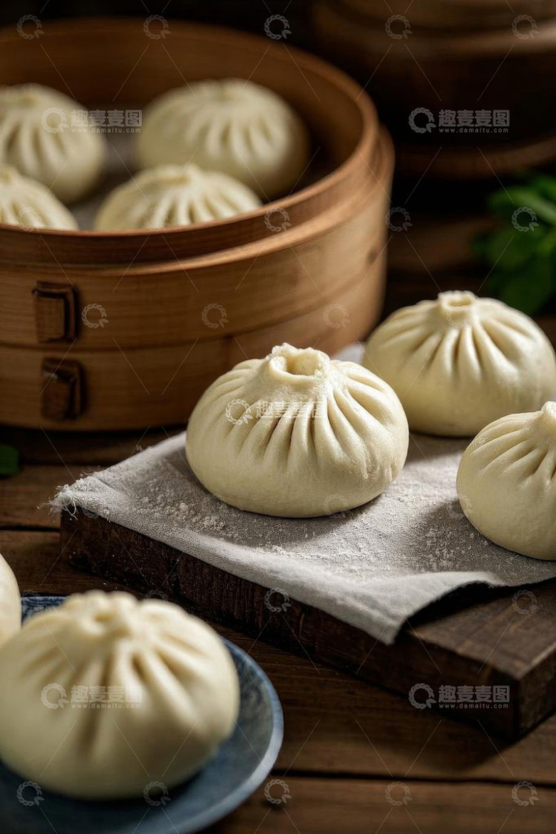 竹笼内及案板上的新鲜包子