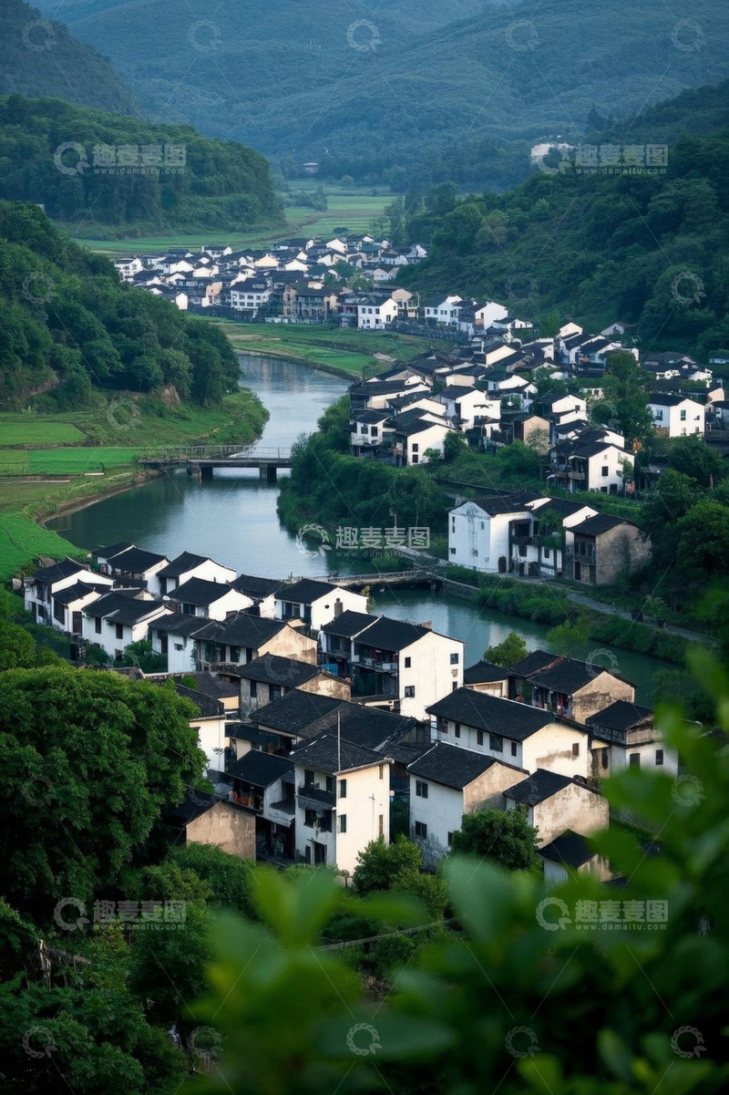 高清大图下载【趣麦麦图】依山傍水的村庄俯瞰景象
