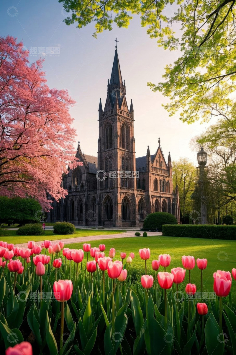 高清大图下载【趣麦麦图】教堂前盛开的粉色郁金香