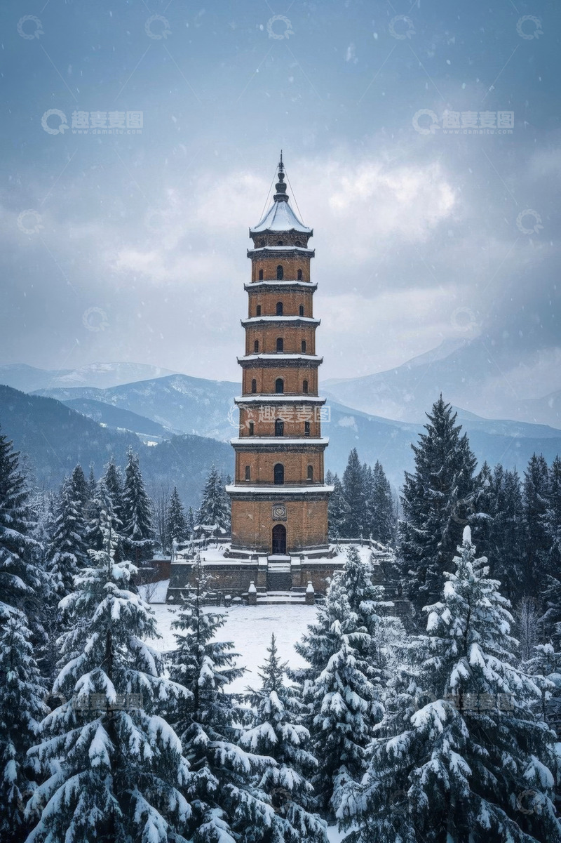 高清大图下载【趣麦麦图】雪中华丽古塔与森林景观