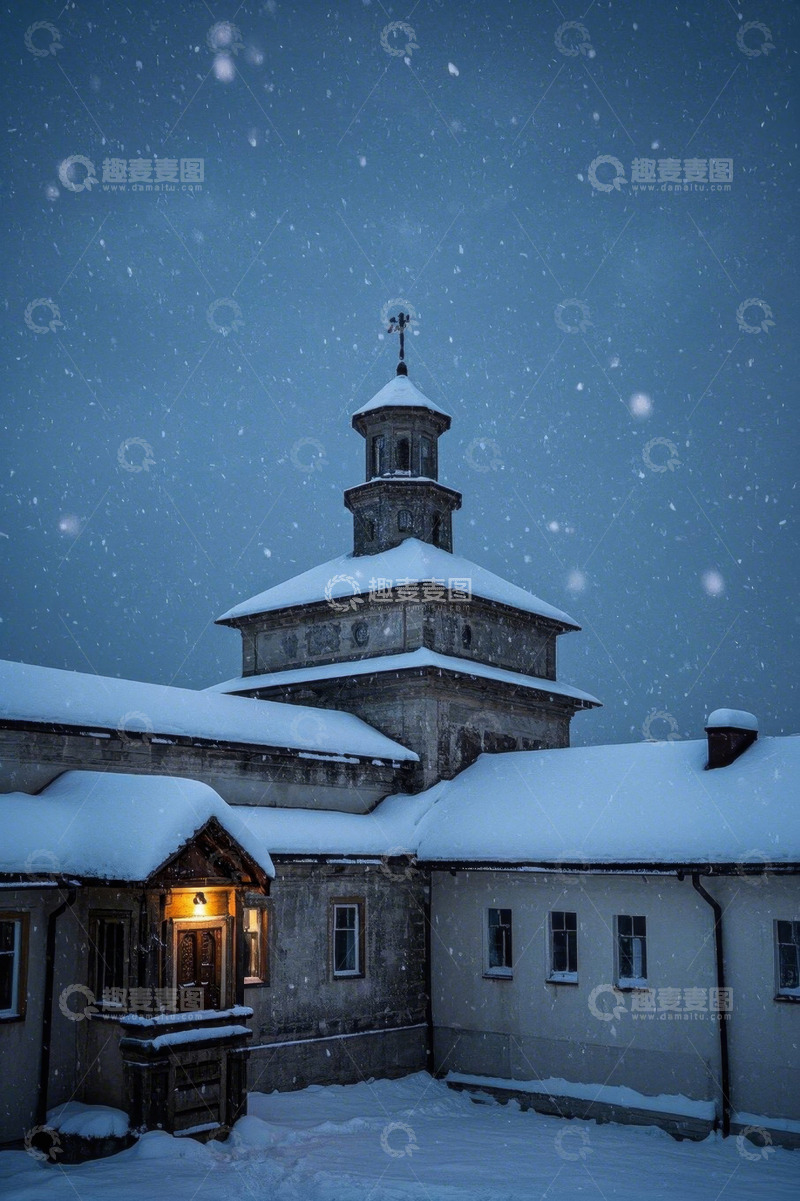 高清大图下载【趣麦麦图】雪天中的古朴建筑