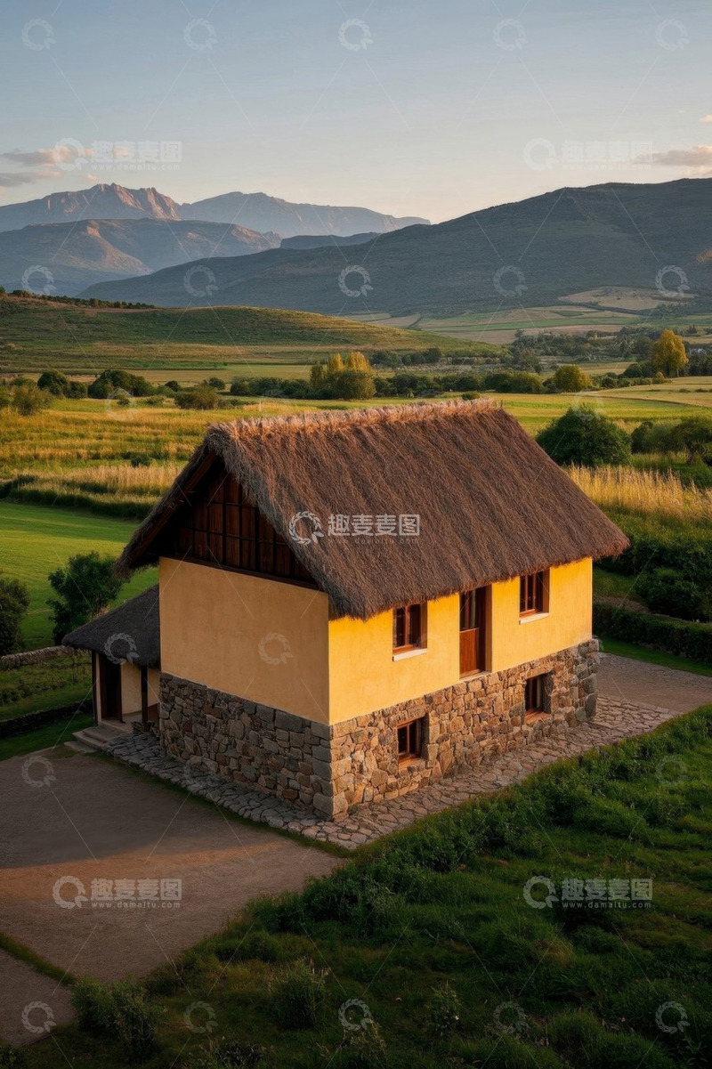 高清大图下载【趣麦麦图】乡村田野中的茅草屋