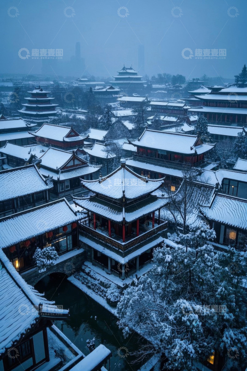 高清大图下载【趣麦麦图】中式古建筑雪景俯瞰全景