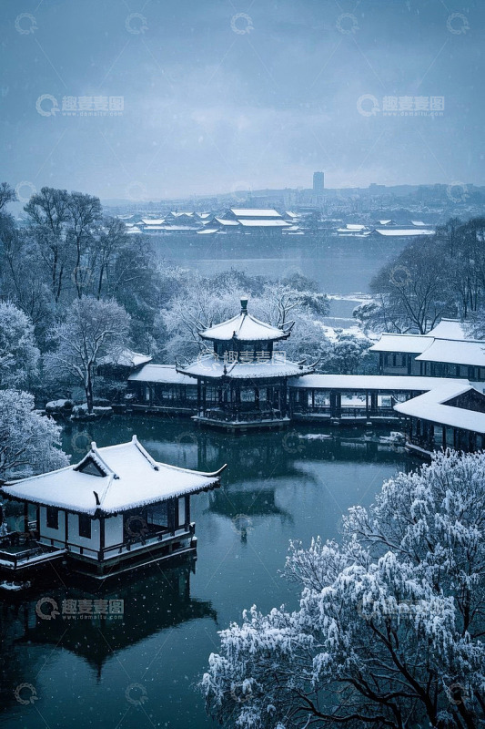 杭州西湖雪景中式建筑景观