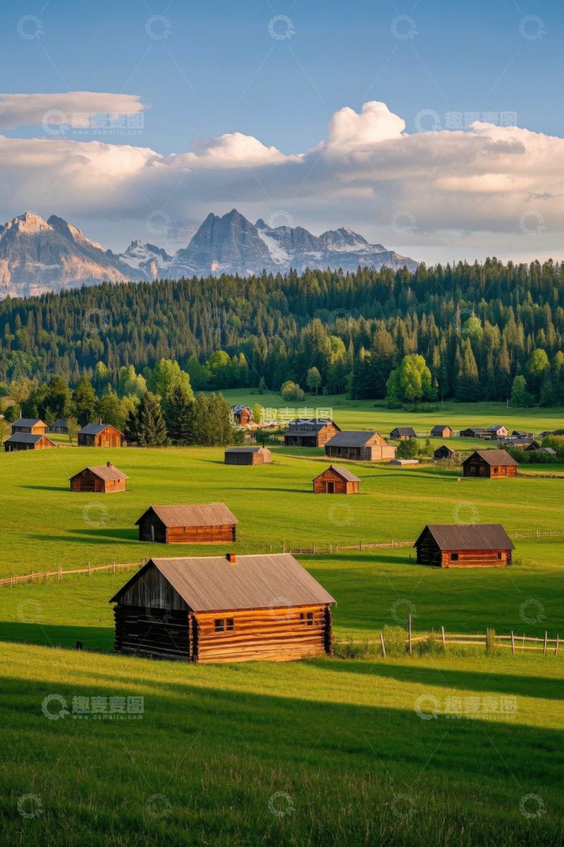 高清大图下载【趣麦麦图】山间草原木屋田园风光