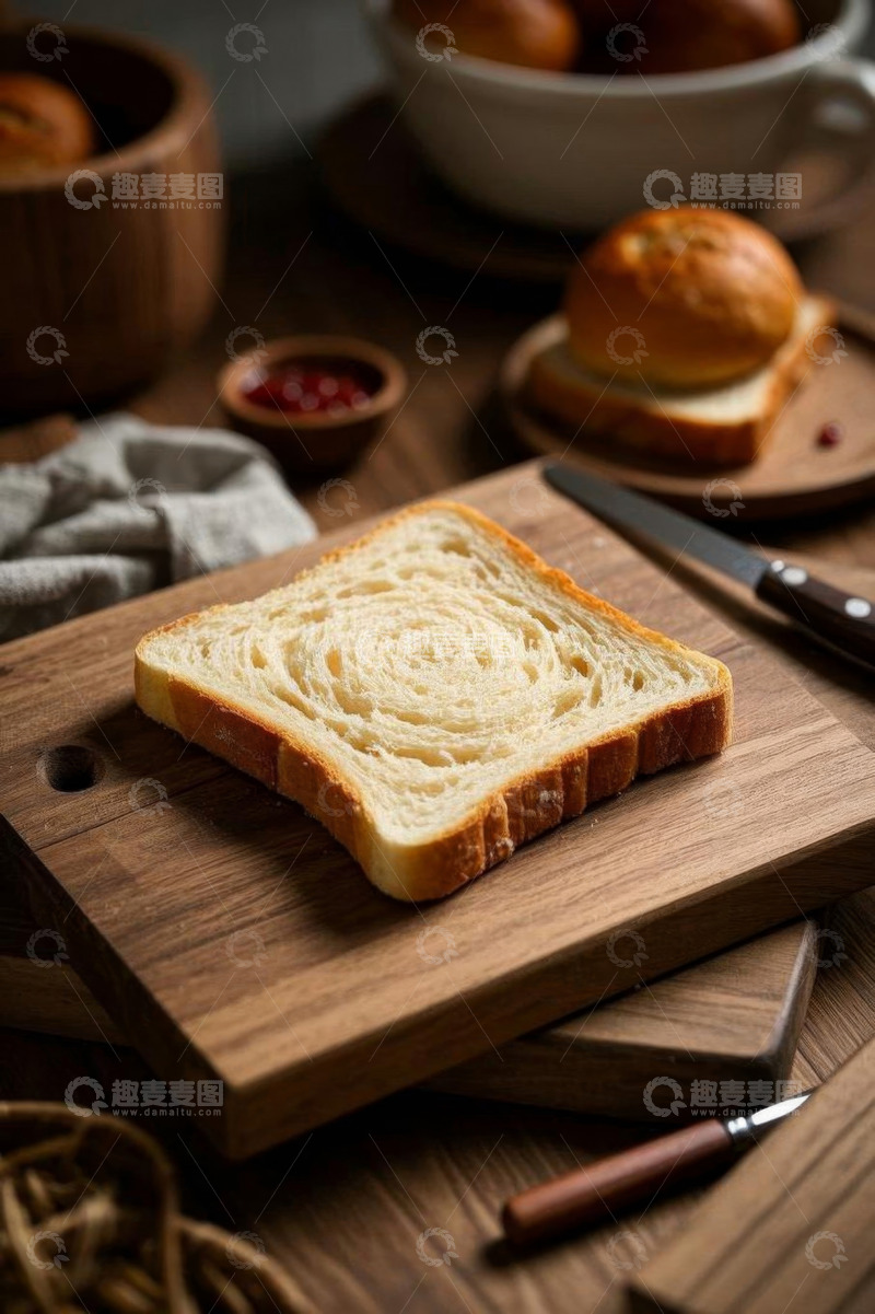 高清大图下载【趣麦麦图】木砧板上的切片面包及配餐