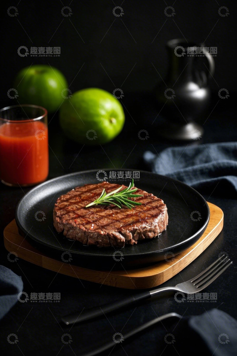 高清大图下载【趣麦麦图】摆盘精致的牛排配饮品与水果