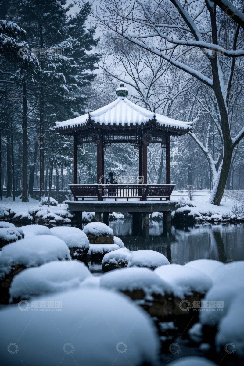 高清大图下载【趣麦麦图】雪后园林中的凉亭与雪景